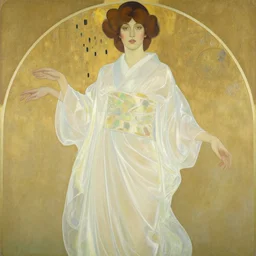 painting of an irish woman in flowing translucent kimono by james jean, yukio - e, klimt, alphonse mucha