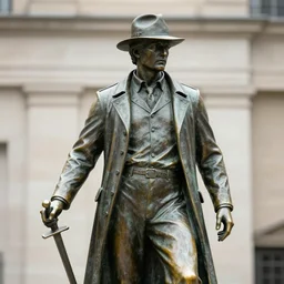 a 4 k photorealistic photo medium shot of a bronze statue of a man wearing a fedora holding a sword, standing heroically.