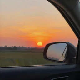 a romantic sunset seen from a car window, oil painting, matte color palette, highly detailed, golden ratio rule