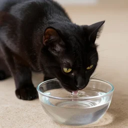photo of a black cat drinking water