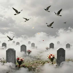 cemetery among the clouds with many tombstones next to flying birds and falling flowers with bouquets in front of the tombstones, by ben enwonwu