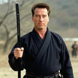 Arnold Schwarzenegger as samurai , an film still
