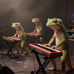 anthropomorphic band of geckos playing keyboards on a dimly lit smoky stage, candid photography, highly detailed, 8 k uhd, unreal engine 5, character concepts, 8 k