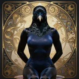 character concept portrait, symmetrical, black canary, eye mask, sitting with her arms tucked behind her back, navy leotard costume, bust, curvaceous, medium shot. detailed, high quality, dynamic lighting, high contrast, fantasy, shiny. artwork by artgerm, wlop, alex ross, greg rutkowski, alphonse mucha
