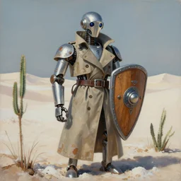 a robot in a trenchcoat holding a wooden buckler shield, surrounded by salt dunes, matte oil painting, retrofuturistic, science fantasy, plants, rust, chrome, lgbt, queer, rpg, epic, dungeons & dragons, sacred, sharp focus, award - winning, extremely detailed, 4 k, 8 k