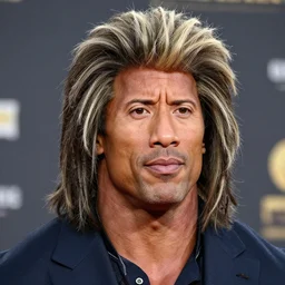 Dwayne Johnson with a Ace Ventura wig, ace Ventura haircut, ace Ventura hair