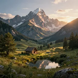 a beautiful fantasy landscape, mountain in background, little cottage, small pond, some trees in the corner, sunrise, hyper realism, octane render