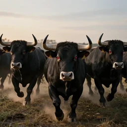 realistic photo first person perspective, demonic evil red eyed black bulls stampede towards camera, attacking and chasing me, dramatic lighting, early evening, professional photography, high detail, cinematic lighting, unreal engine