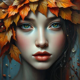 close - up portrait of beautiful girl by irakli nadar with intricate detailed color smashing fluid oil paint and acrylic, autumn leaves headdress, melting wax, mycelia, abstract impressionism, ruan jia, fantasy, hyper detailed, concept art, by peter mohrbacher and gustav klimt,