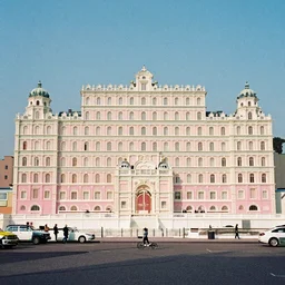 Paris in the style of The Grand Budapest Hotel, a sunny day, 35mm, Kodak Vision3