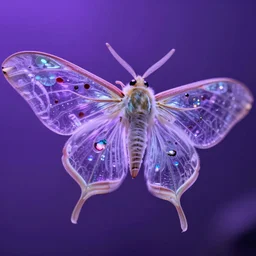high quality close-up photo translucent moth! jeweled gorgeous! highly detailed david ligare elson peter cinematic purple neon lighting high quality low angle hd 8k sharp shallow depth of field