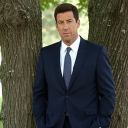 a photograph of adam sandler wearing a suit standing near a tree