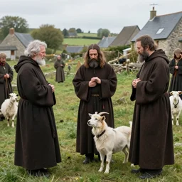 photo of breton monks looking like rasputin with a dog and a goat, village ritualistic