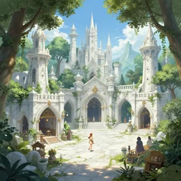 Inside a tavern in a beautiful elven city made of white marble, anime, lush trees, a fantasy digital painting by Greg Rutkowski and James Gurney, trending on Artstation, highly detailed
