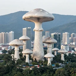 a city on a mountain, buildings in the form of mushrooms, sachin teng, greg rutkowski, jesper ejsing