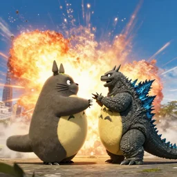 cinematic photo of Totoro fighting Godzilla in Tokyo, cinematic, unreal engine, epic, explosions,