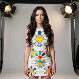 professional photo shoot portrait of bjork in the style of takashi murakami superflat, daisy dress, 1 9 9 6, three point lighting, 4 k
