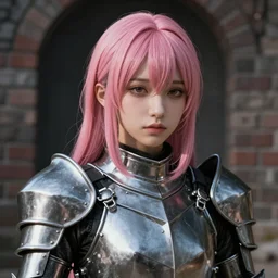 a masterpiece hyperrealistic ultradetailed closeup photograph of a lifelike real human anime girl wearing steel plate armor, inside castle brick walls, made by wlop, trending on artstation, pink hairs, dramatic lighting, k - pop, melancholy eyes, photoreal image, rendered, unreal engine 5, extremely detailed, sharp focus, 4 k