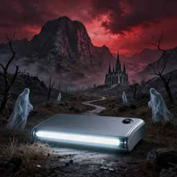 wide angle image, hellish abandoned background landscape, massive beautiful mountains, winding path leading to a gothic cathedral in the distance, phantom cloth figures haunting, dead trees, stormy red sky, horror, unsettling, fluorescent light, product photography, by bastien lecouffe - deharme