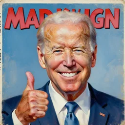 mad magazine cover, norman mingo painting, joe biden smiling, thumbs up, exaggerated proportions, caricature, realistic! ( painterly ), visible brush strokes, vintage, hd, crisp