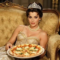 a photo of young sophia loren, relaxing with a pizza on antique luxury sofa, intricate ornamented tiara, opulent pearl necklace, laced dress, beautiful, stunning, golden lighting, exquisit details, masterpiece, burlesque photo by letizia battaglia
