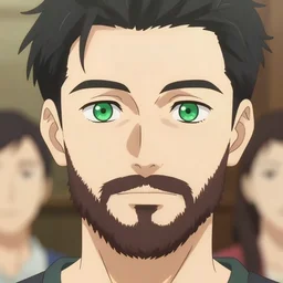beautiful anime of bold head with young!!!!! beard and green eyes, by sherree valentine daines, peter mohrbacher, alice neel, donato giancola, mike winkelmann, laurie greasley. trending on artstation, 8 k, masterpiece, graffiti, fine detail, full of color, intricate detail, golden ratio illustration, face detail