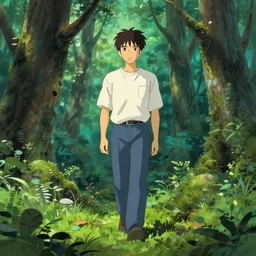 maximalist otherworldly forest walking male, trending on pixiv fanbox, painted by makoto shinkai takashi takeuchi studio ghibli, akihiko yoshida, yoshitaka amano, wangechi mutu, clean cel shaded vector art, illustration, hd, 8 k