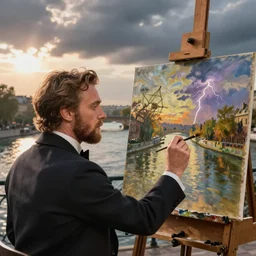 mcgregor is dressed as a gentleman at early 2 0 th century paris. he is watching an easel. that easel has a canvas on it. ewan mcgregor has a brush on his hand. he is painting a painting. on background has river seine, morning sun, dark clouds, lightning, dc comics