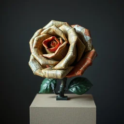 sculpture of rose, made of recycled materials, detailed, cubism, full color hd, max ernst