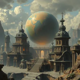 an ancient steampunk city with temples with a giant sphere by marc simonetti and caspar david friedrich, trending on artstation