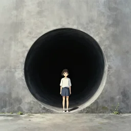miyazaki movie poster, brutalist, girl outside a dark sewer entrance, entrance to a dark tunnel, black circle, black round hole, black depths