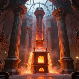 beautiful victorian forge furnace with large pillars, lava streams, magma cascades, glass ceilings, chains hanging from ceiling, light dust, by peter mohrbacher dan mumford craig mullins nekro, cgsociety, pixiv, volumetric light, 3 d render