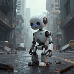 a sad robot in a street of a post apocalyptic city, digital art