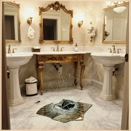 a 1 9 5 0 s newspaper photo of a lavish bathroom. the mirror is shattered on the floor