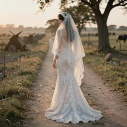 analog photograph of beautiful woman from the back, wearing a long flowing trumpet style lace wedding dress and veil in a ww 1 battleground on a small dirt pathway, golden hour, by mark owen. pastel colours. light rays. bokeh. cinematic. hq. detailed. contrast. cinestill 8 0 0 t