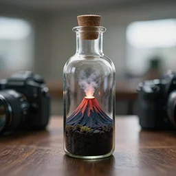 a volcano inside a bottle is sitting on a table, clear focus, bokeh effect, high res, hasselblad, dslr, professional, cinematic