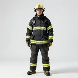 silver-haired firefighter in full gear, cinematic studio photo, full body, standing, isolated on a pure white background, centered, whole figure in frame, sharp focus, studio lighting