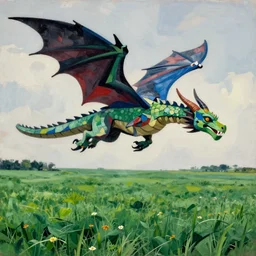 Dragon flying above a green field in style of Picasso