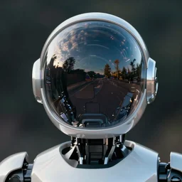 a robot cyborg with a big shiny spherical reflective glass helmet, looking straight at the camera. close-up, 12mm wide-angle, monochrome, high contrast, lit by two big softboxes