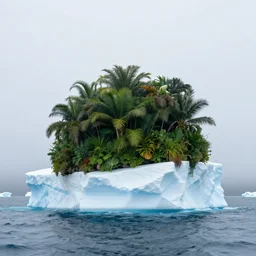 an iceberg with overgrown lush tropical plants on top, middle of the ocean, morning fog, cinematic, award winning photo