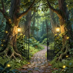 a beautiful digital glossy clear sharp of a detailed summer day fantasy fireflies forest trees roots lanterns iron gate cobblestone pathway vines james gurney, 8 k resolution trending on artstation