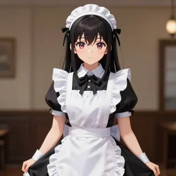 beautiful illustration of anime maid, stunning and rich detail, pretty face and eyes. Full-body shot, upper body. Coherent and neat style