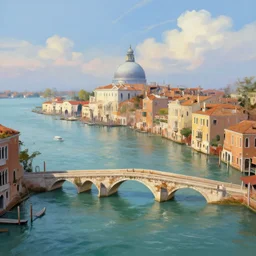 venitian town on a large lake with low water level and a roman style bridge, digital painting, high quality, dreamlike, volumetric lighting