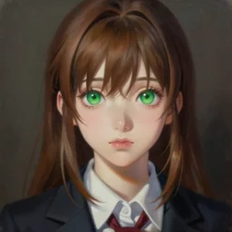 very realistic painting of a high school anime girl with green eyes and brown hair
