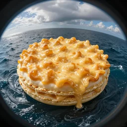a giant wall of mac n' cheese crossing the ocean. photograph. fish eye lens.
