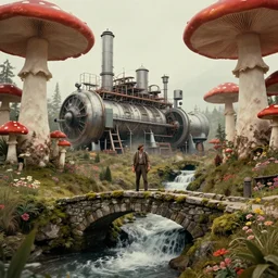 adventurer ( ( ( ( ( 1 9 5 0 s retro future steam turbine and mill in forrest of giant mushrooms, moss and flowers stone bridge waterfall. muted colors. ) ) ) ) ) by jean baptiste monge!!!!!!!!!!!!!!!!!!!!!!!!! chrome red