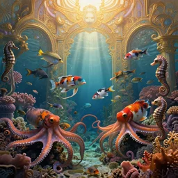 koi fish frolicking together among octopuses and fish and coral and seahorses in the romantic underwater baroque kingdom of neptune. neon light, masterpiece 4 k digital illustration by ruan jia and mandy jurgens and william - adolphe bouguereau, award winning, artstation, gustave dore'background, intricate details, realistic, panoramic view, volumetric lighting, sun rays beaming, hyperdetailed, 8 k resolution, golden hour, intricate art nouveau, smooth, sharp focus, rendered in unreal engine 3