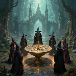 witches and wizards standing around a magical gyroscope in an abandoned ethereal elven city ,highly detailed, 4k, HDR, award-winning, artstation, octane render