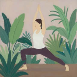 illustration of woman doing yoga between plants by shusei nagaoka kaws, david rudnick, airbrush on canvas, pastell colors, cell shaded