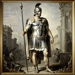roman legionnaire, painting, fine art, high contrast, divine, strong, contre - jour, global illumination, insanely detailed and intricate, elegant, ornate, in neo - classical cityscape